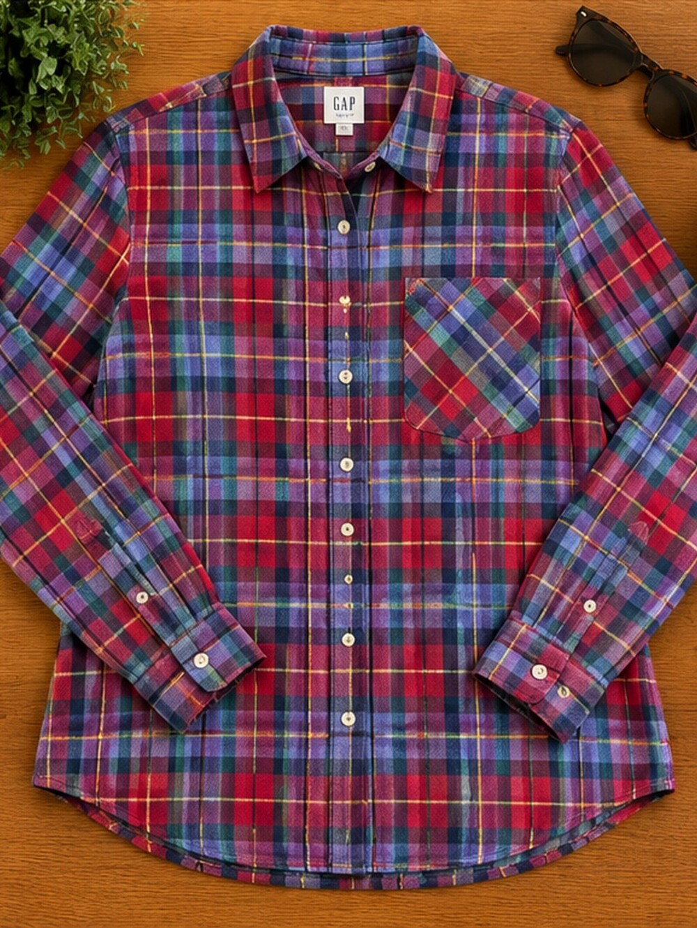 GAP Men's Red and Blue Plaid Button-Down Shirt